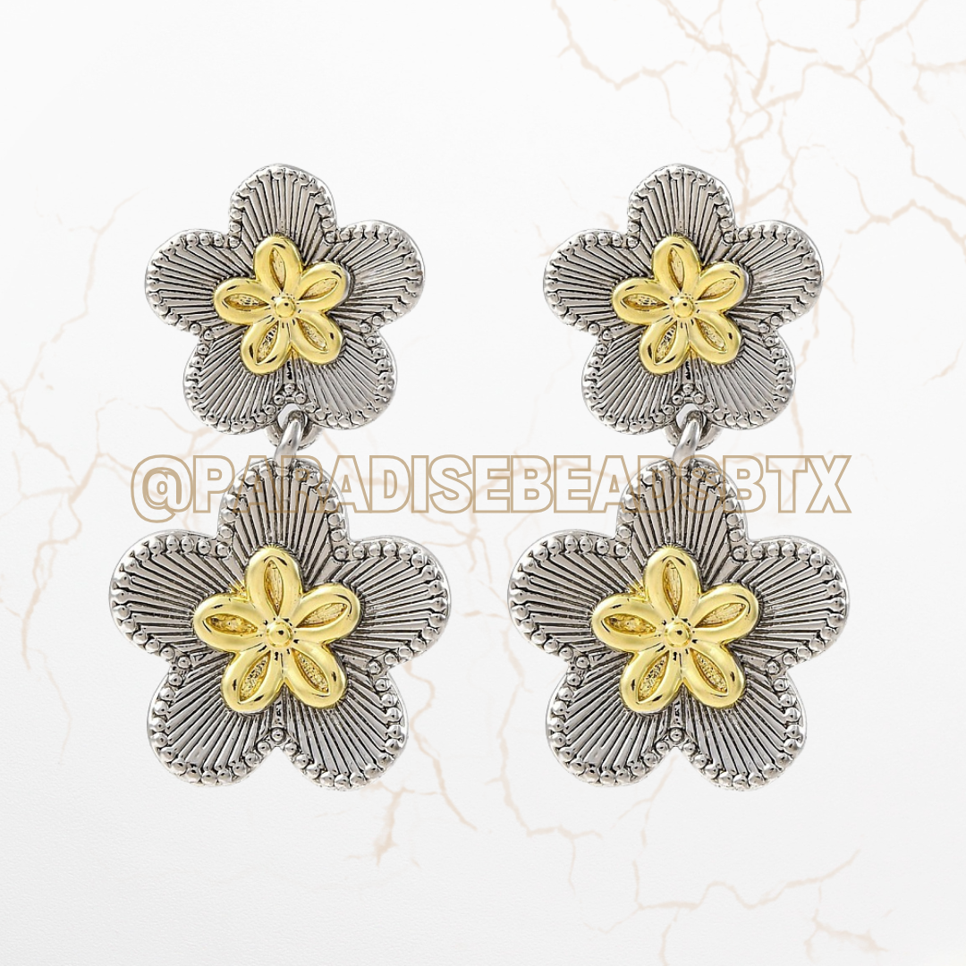 Two Tone Platinum & Gold Plated Flower Dangle Earrings