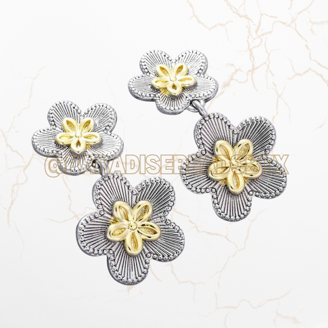 Two Tone Platinum & Gold Plated Flower Dangle Earrings