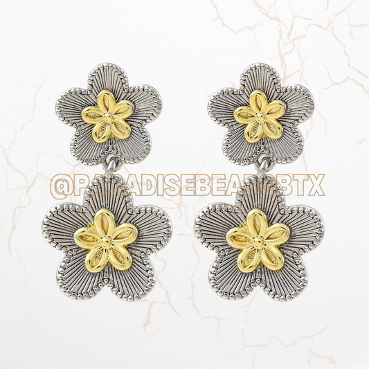 Two Tone Platinum & Gold Plated Flower Dangle Earrings